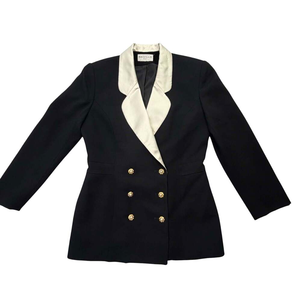 Saville Suit Vintage Black Wool Double Breasted Blazer with Contrast Lapel